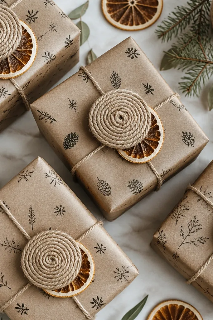 A flat lay of wrapped gift items. Kraft paper sheets are stamped with small black ink icons, then tied with twine rosettes. The twine rosettes are layered in a spiral and sit neatly on top of each wrapped box, with a small dried orange slice tucked under the rosette.
