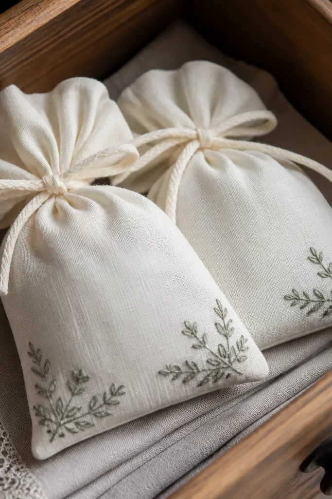 A pair of small muslin sachets folded inside a drawer. The sachets are off-white cotton with embroidered corners in muted sage thread. They are filled with dried lavender and have a small cotton tie at the top. Soft light shows the embroidery texture and the matte fabric.