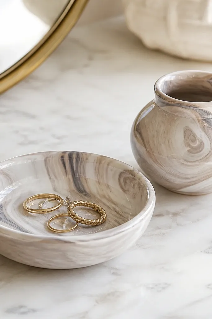 A small terracotta dish and matching mini pot. The surfaces show faux marbling in cream, taupe, and soft gray swirls. The edges are sealed glossy, and the set sits on a marble countertop with a few rings placed inside the dish.