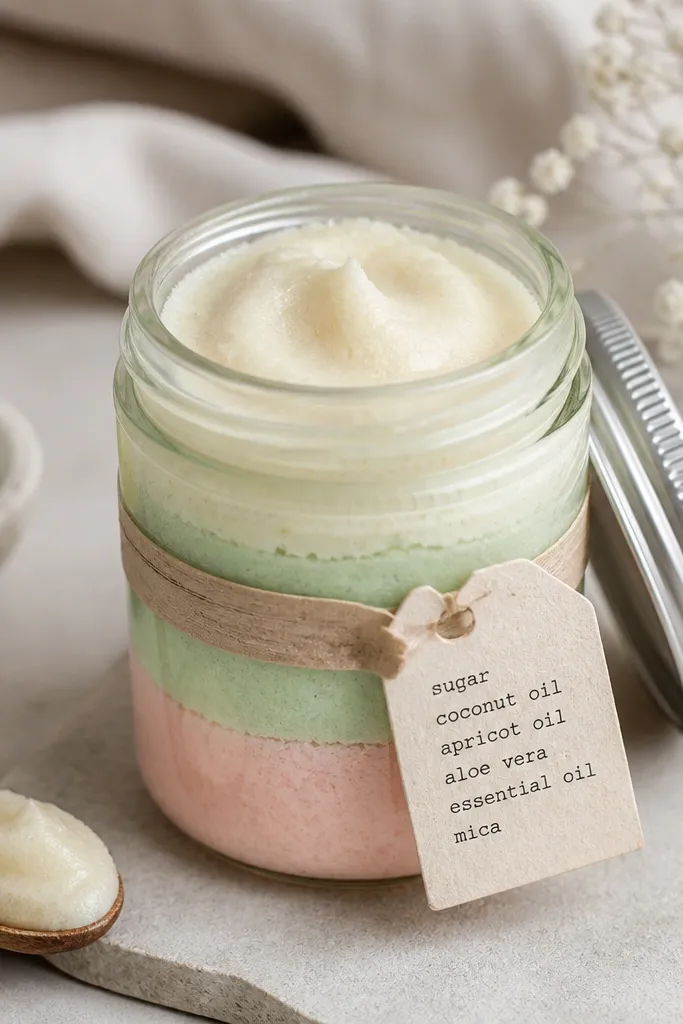 A small glass jar filled with pastel sugar scrub in layers: pale pink, mint green, and cream. The lid is silver, and a paper band around the jar holds a hand-typed ingredient tag in black ink. The scrub surface looks smooth with faint peaks.