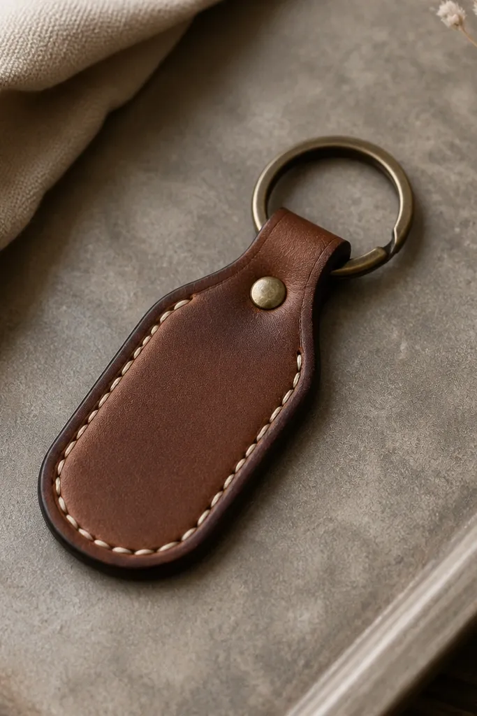 A small brown leather key fob with a stitched-looking white border, a metal key ring attached, and a single tiny brass rivet near the top. The leather is smooth and slightly burnished at the edges.