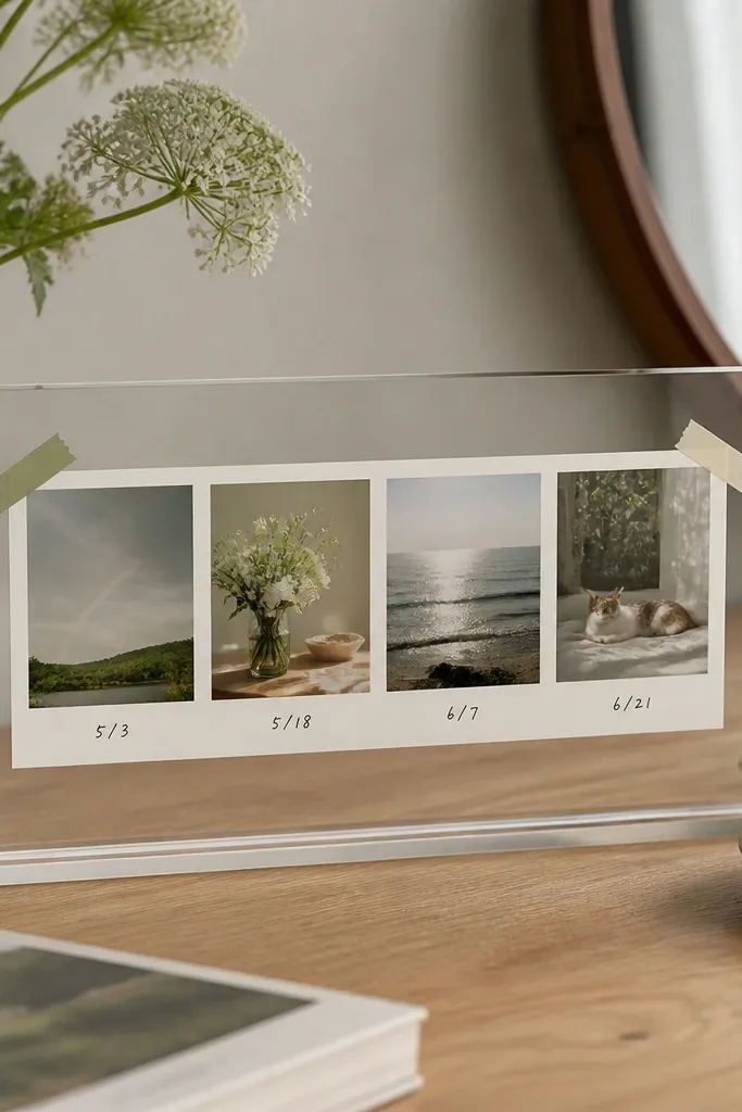 A clear acrylic mini frame on a desk with a horizontal strip of four small photos. The strip is held in place by thin washi tape tabs in muted sage and cream, with tiny handwritten dates under each photo.