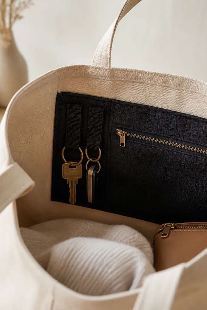 A beige canvas tote with a stitched inner organizer panel. Inside are two elastic loops for keys and a zippered pocket made from black fabric, with a small embroidered initial on the corner.