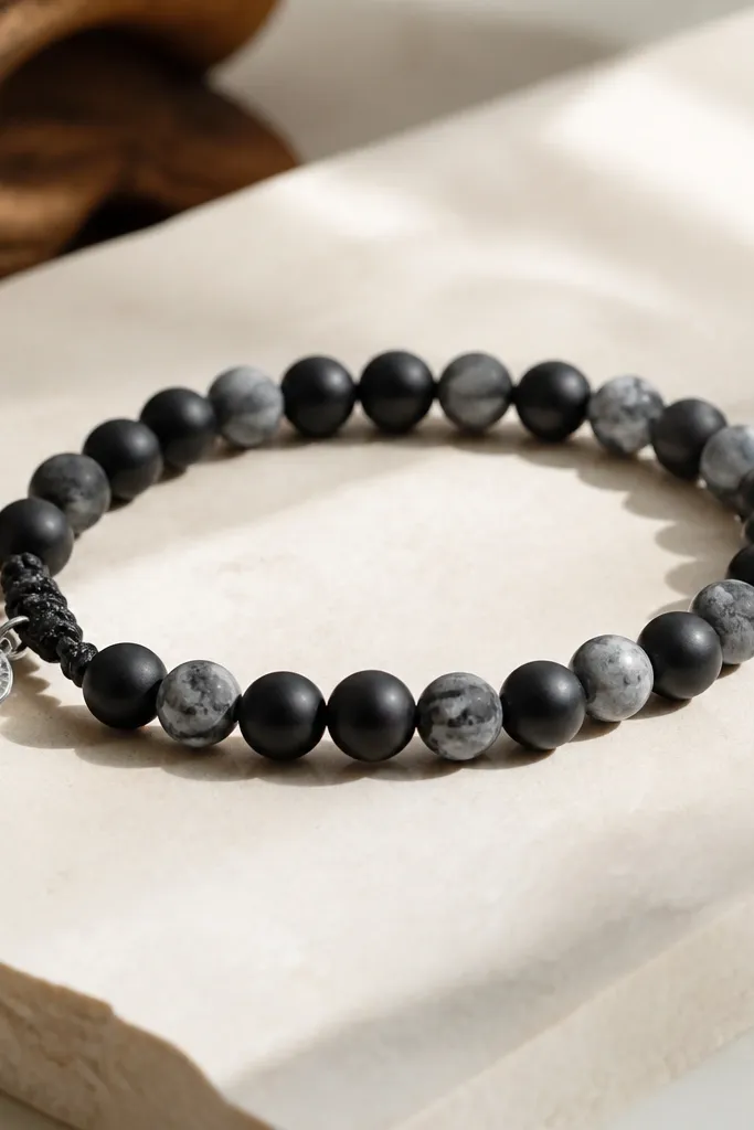 A matte black and gray beaded bracelet with a single small silver charm near the clasp. The beads are uniform, and the elastic cord is hidden under a simple clasp knot.