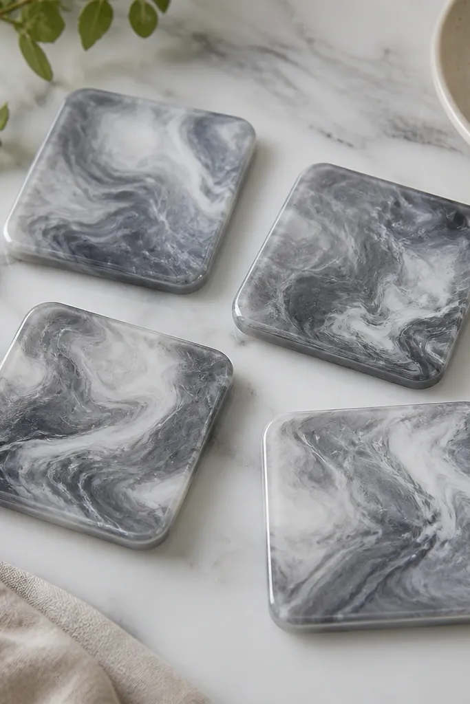 Four square resin coasters in a set. Each has a gray-and-white marble-like swirl in the center with a glossy clear outer layer, and rounded corners.