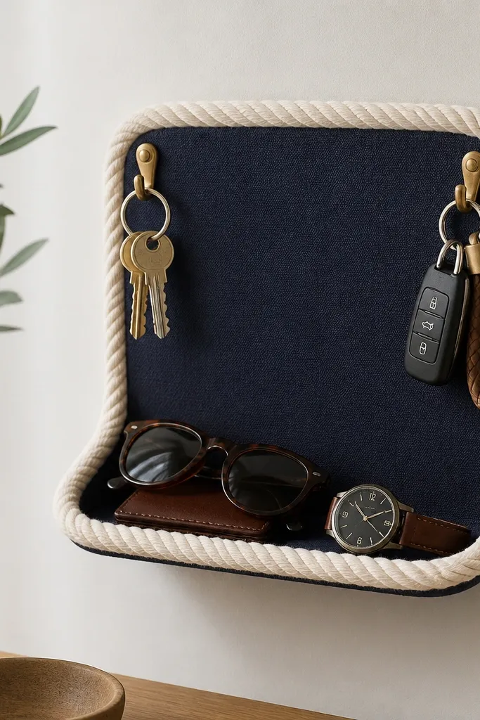 A small wall-mounted organizer with a navy fabric base and a thick cream rope border forming a shallow tray. Brass hooks sit at the top corners for keys.