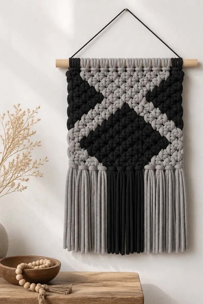 A small wall hanging made from knotted strips of heather gray and black t-shirt yarn. A simple dowel rod at the top holds the knots, and the ends hang in even fringes.