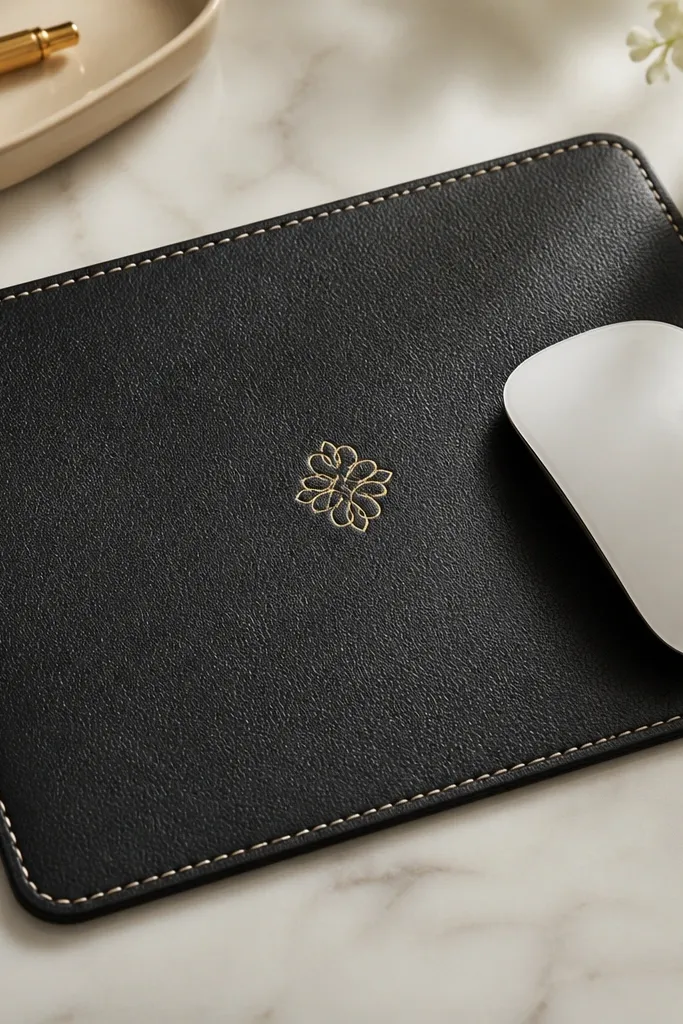 A rectangular faux leather mouse pad in black with a cream stitched border and a small gold monogram in the center. The edges look neatly sealed.