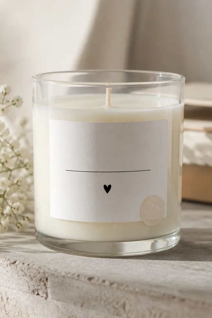 A glass candle jar with a clean white vinyl label. The label has a simple line of text, a small heart icon, and a tiny date sticker in the corner.