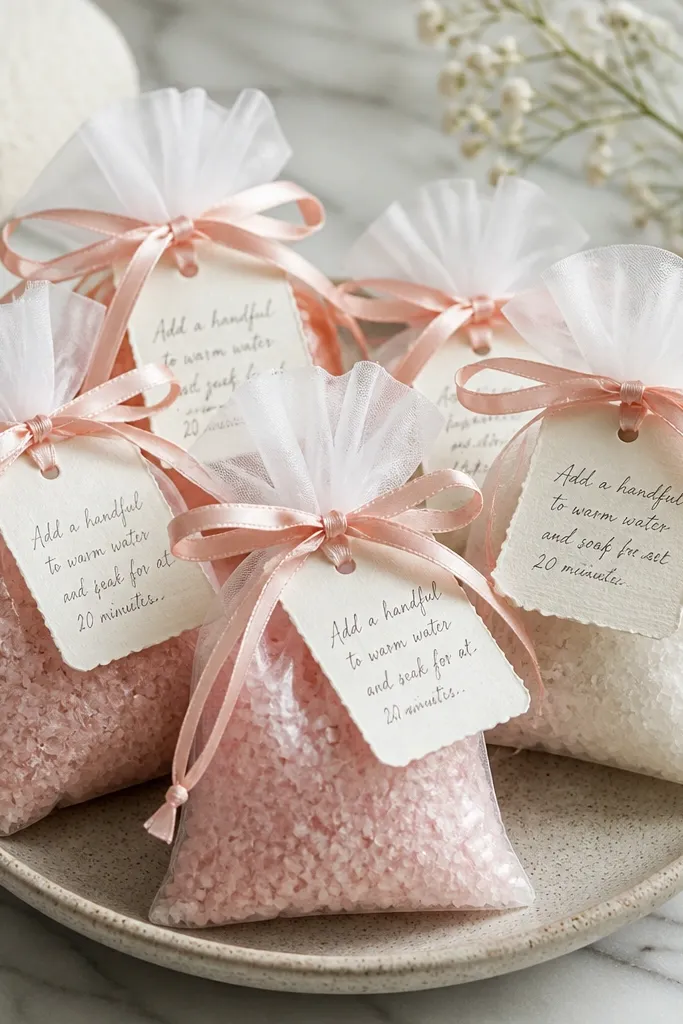 Small organza pouches filled with pink and white bath salt. Each pouch has a thin satin ribbon tie and a tag with handwritten instructions in black ink.