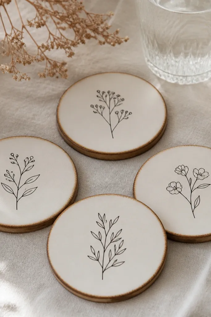 A set of round wooden coasters painted matte cream. The edges have a subtle burned ring, and a simple black line drawing sits in the center.