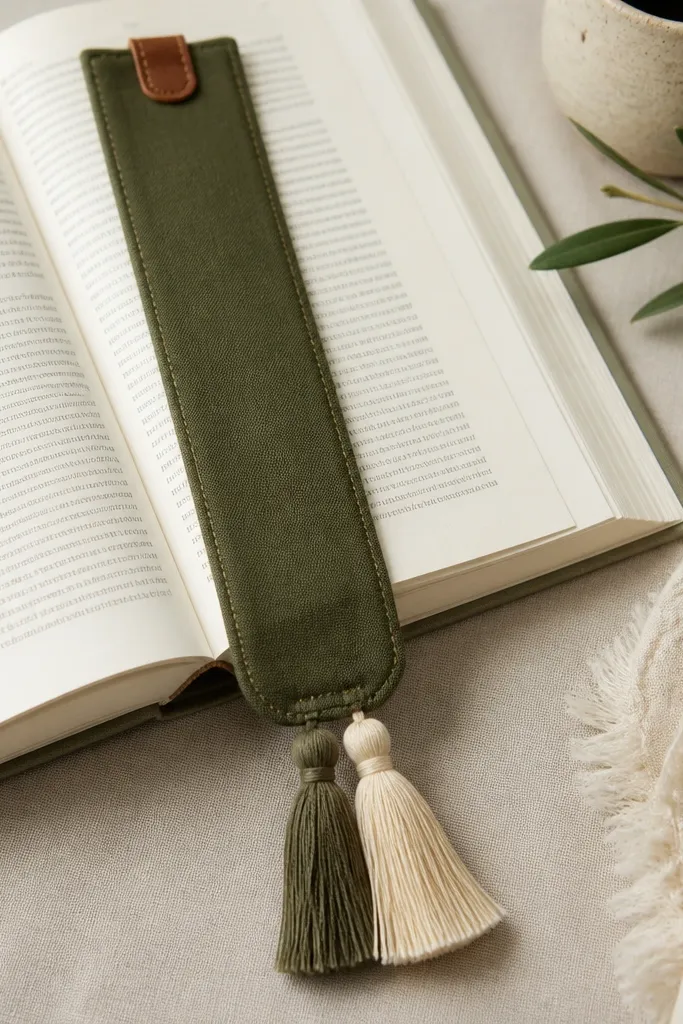 A long fabric bookmark in deep olive with a small faux leather tab at the top. The bottom has neat stitched tassel ends in matching olive and cream.