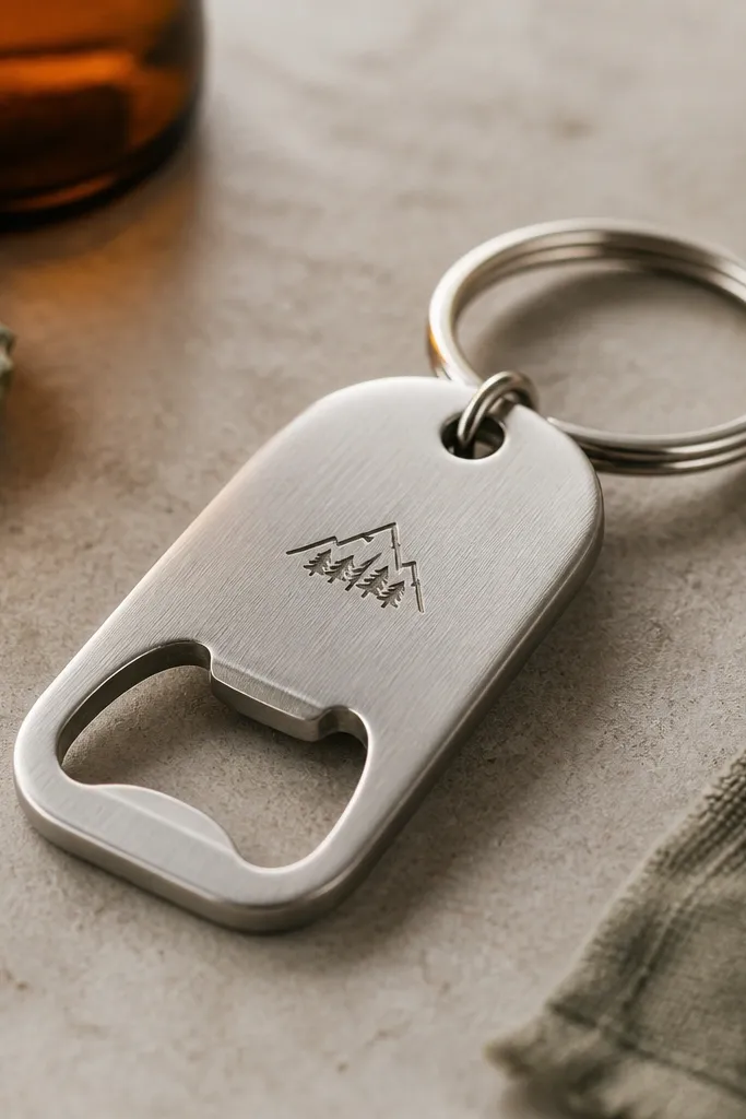 A small brushed metal bottle opener shaped into a keychain. The front has stamped letters and a small icon, and the edges are rounded.