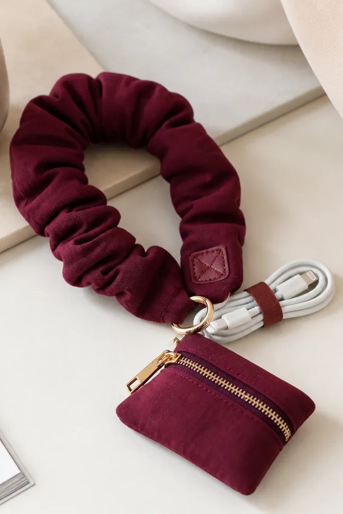 A chunky fabric scrunchie wristlet in burgundy with a small stitched patch. It holds a folded charging cable with a thin elastic band and a tiny zipper pouch attached.