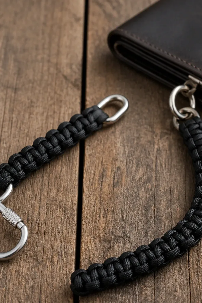 A neat paracord wallet chain in black with a small silver carabiner and two quick links. The paracord braid is tight and uniform.