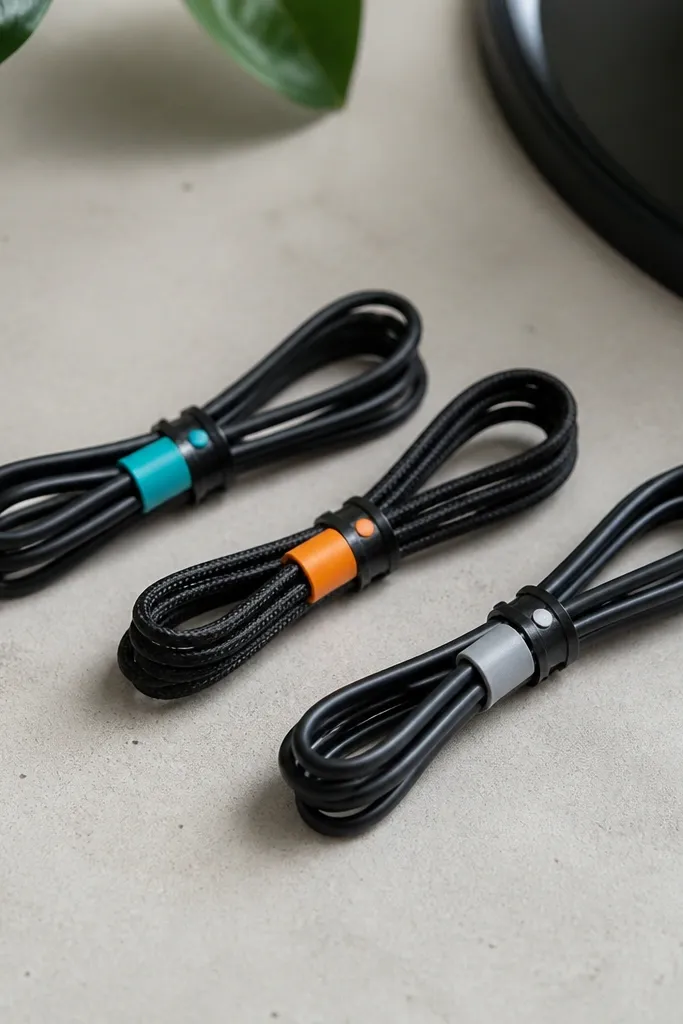 A set of three cable organizers made from black nylon ties with small colored heat-shrink bands in teal, orange, and gray. They're labeled with tiny paint dots.