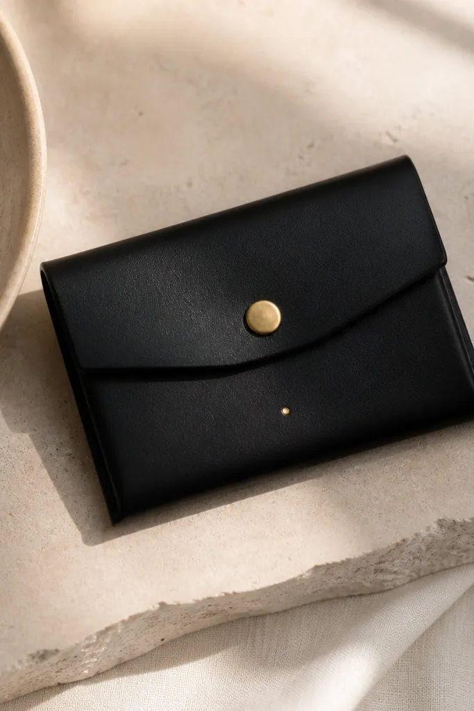 A slim black leather card holder with a press-stud button. The edges are burnished and the front has a tiny gold stamped logo.