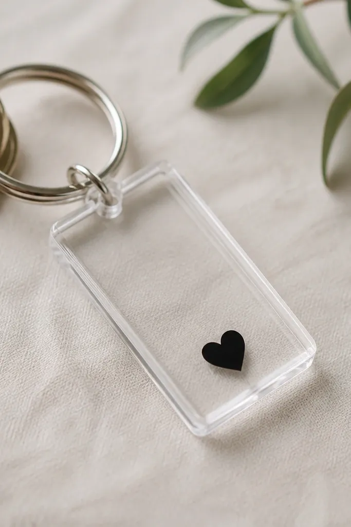 A small clear acrylic tag attached to a key ring. Inside the tag is a black vinyl message and a tiny icon, with clean corners and no visible glue marks.