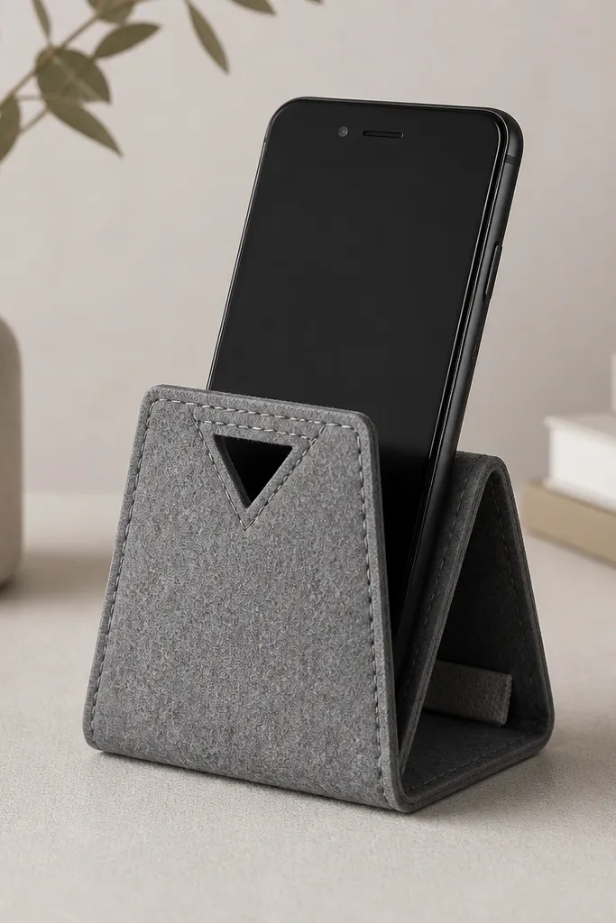 A small felt phone stand in gray with a geometric cut-out triangle on the top edge. The stand is thick, with clean stitched seams and a small stitched label inside.