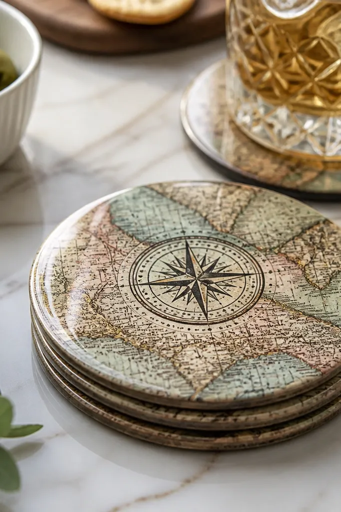 Round coasters made from paper with a vintage map print. A stamped compass icon sits in the center, and the surface looks sealed and glossy.