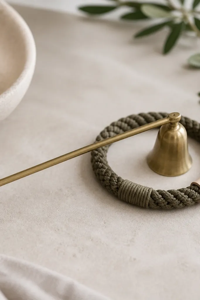 A small candle snuffer tucked into a holder made from braided cord around a simple ring. The holder has a neat knot wrap and a small stitched tag.