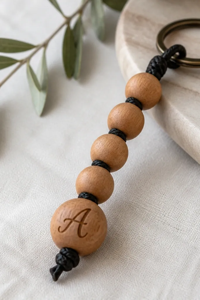 A keychain made of medium wood beads strung on a cord, with one larger bead at the bottom engraved with a burnt initial. The beads are warm tan and the cord is dark.