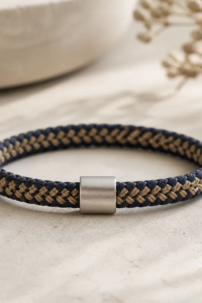 A woven bracelet in two colors, navy and sand, with a small brushed metal slide clasp at the center. The weave is tight and the ends are neatly trimmed.