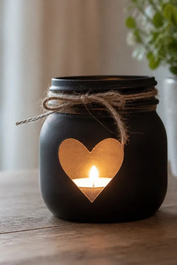 A small mason jar painted matte black with a cream cutout word on the front. Inside is a tea light, and the cutout lets warm light glow through.