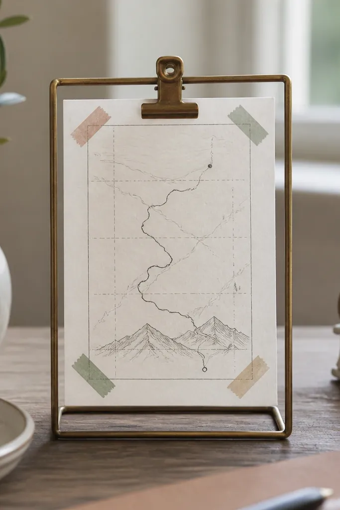 A small paper print with a hand-drawn route line and coordinates. It's held in a mini clip frame on a desk, with washi tape corners in muted colors.