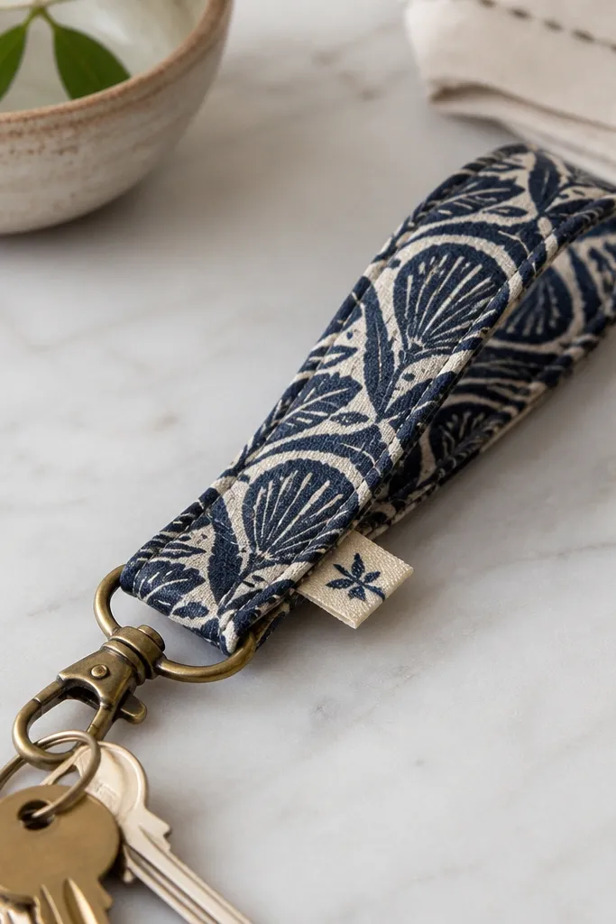 A keychain lanyard made from patterned fabric in muted navy and cream. A small stitched tag hangs from the side, and a metal clasp attaches it to keys.