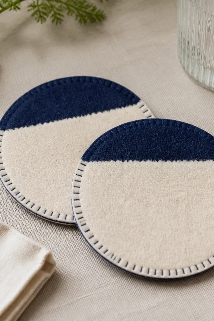 Two felt coasters in a set. Each coaster has bold color blocking: a cream base with a navy top stripe and a stitched outline in matching thread.