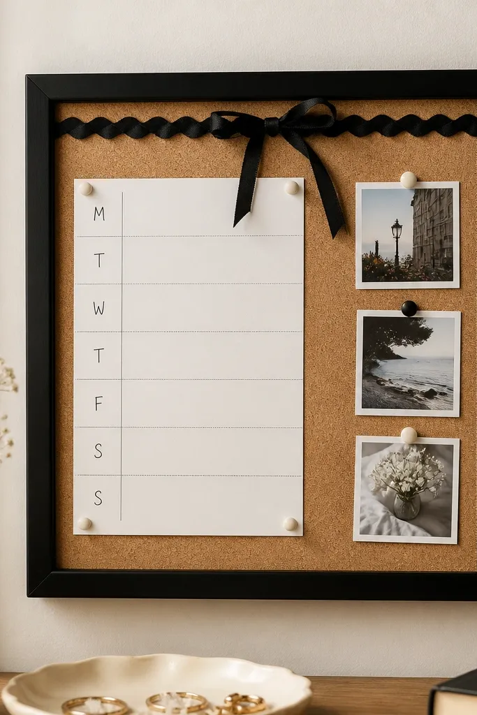 A small corkboard framed in black. It has a neat weekly layout with handwritten days, push pins holding a few tiny photos on the side, and a ribbon border at the top.