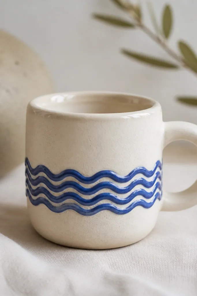 A small handmade clay mug with a matte cream body. Around the midsection there is a horizontal band of cobalt-blue wave lines, each wave slightly raised like a stencil. The rim looks clean and light, with a subtle glossy glaze only on the lip.