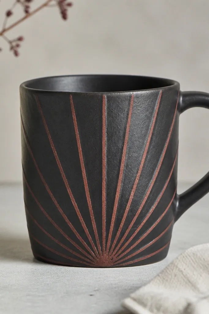 A dark charcoal-black handmade mug with a matte finish. From the center of the front panel, iron-red sunburst rays spread outward like a fan. The handle is also dark, and the rays have crisp edges with slight raised texture.
