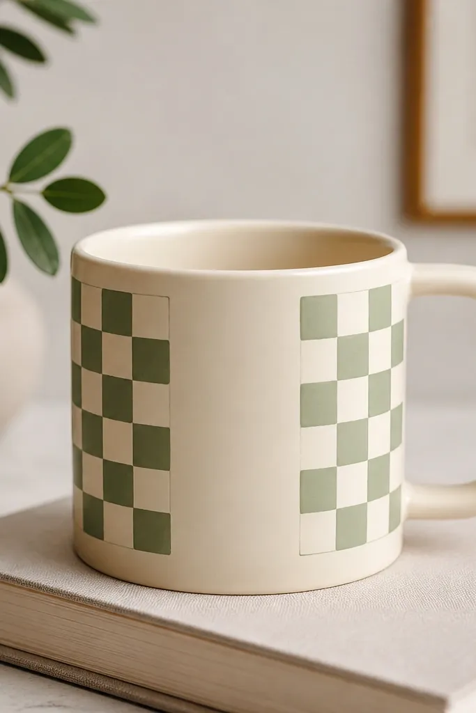 A light beige mug with two vertical side panels. Each panel has a sage-green and pale cream checkboard pattern that looks hand-drawn but stays sharp. The checks stop cleanly at the handle edges.