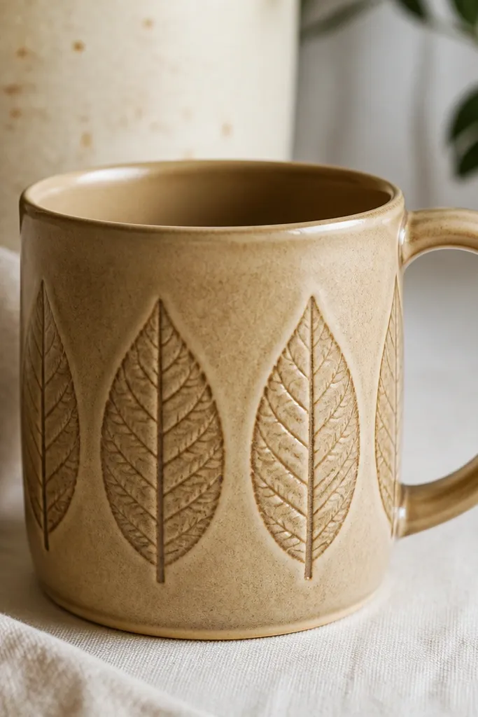 A tan mug covered with a single repeating band of raised leaf veins. The leaves are pressed into the clay so you can feel the texture. The glaze is mostly satin, with the leaf veins slightly darker where glaze pools.