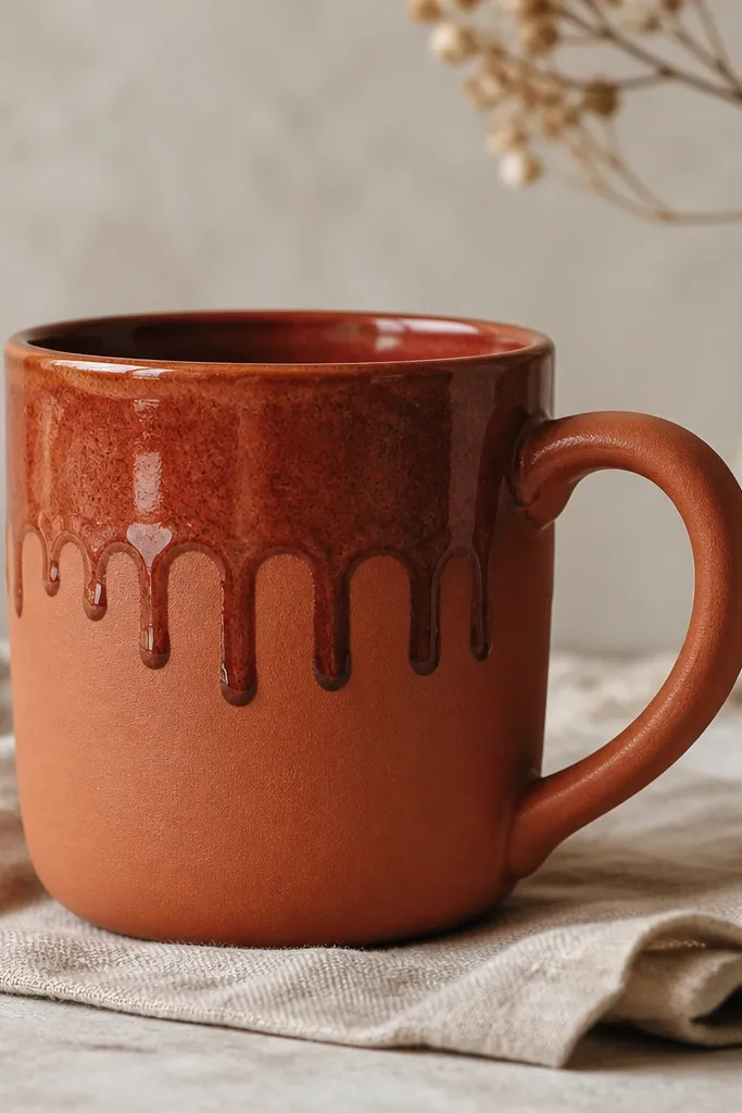 A warm terra-cotta mug with a smooth body. Around the top third there's a collar of glossy glaze that drips downward in controlled teardrops. The drips are reddish-brown and stop neatly before the handle.