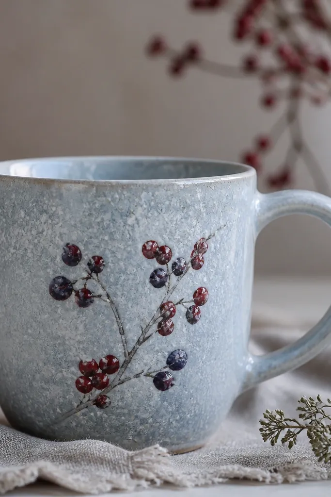 A pale blue-gray mug with a speckled, snow-dusted glaze. On the front, there are small hand-painted berry clusters in deep red and dark purple. The berries have tiny highlights where the glaze reflects light.