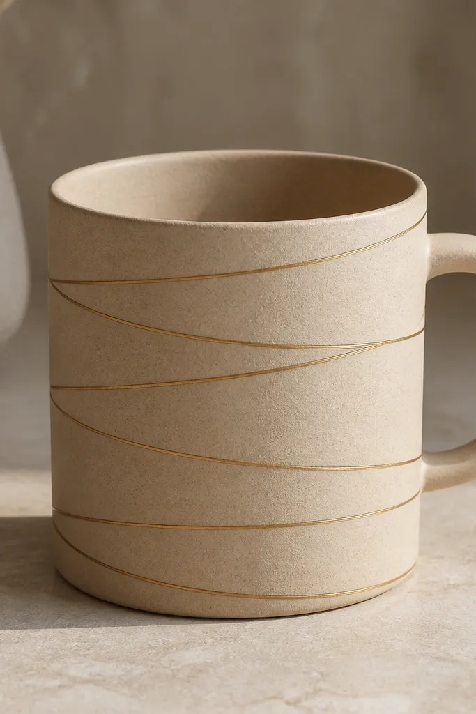 A mug with a matte sand-colored body. Thin gold lines wrap around it in a gentle spiral, and the lines look burnished rather than painted. The rim is matte and the handle is plain.