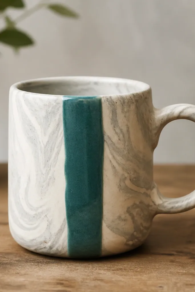 A mug with marbled swirls in off-white and pale gray clay. One vertical stripe in teal runs down the front, slightly raised and glossy compared to the marble. The handle matches the marbled base.