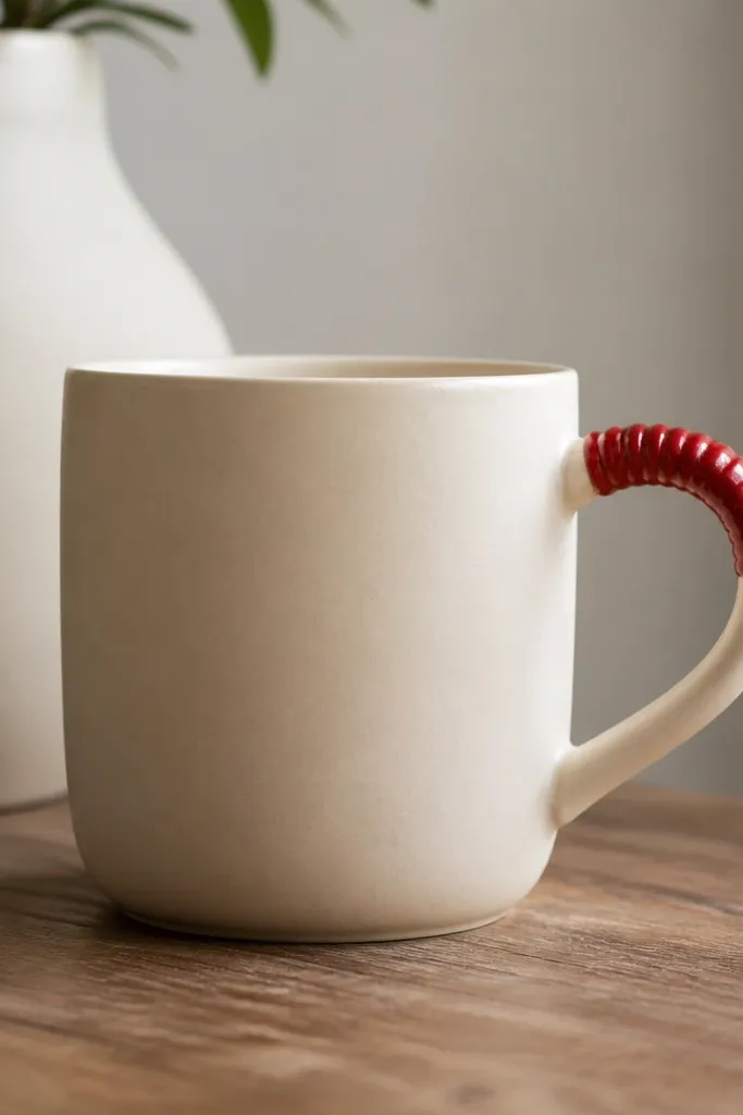 A cream mug with a smooth body and matte glaze. The handle has a visible cord wrap imprint or a raised cord texture near the top, glazed in glossy red. The red catches the light and contrasts with the cream.
