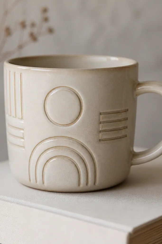 A light clay mug with matte off-white glaze. On the front are geometric cutout shapes pressed into the clay, leaving shallow recesses. After glazing, the recesses show as darker shadowlines with glossy clear over them.