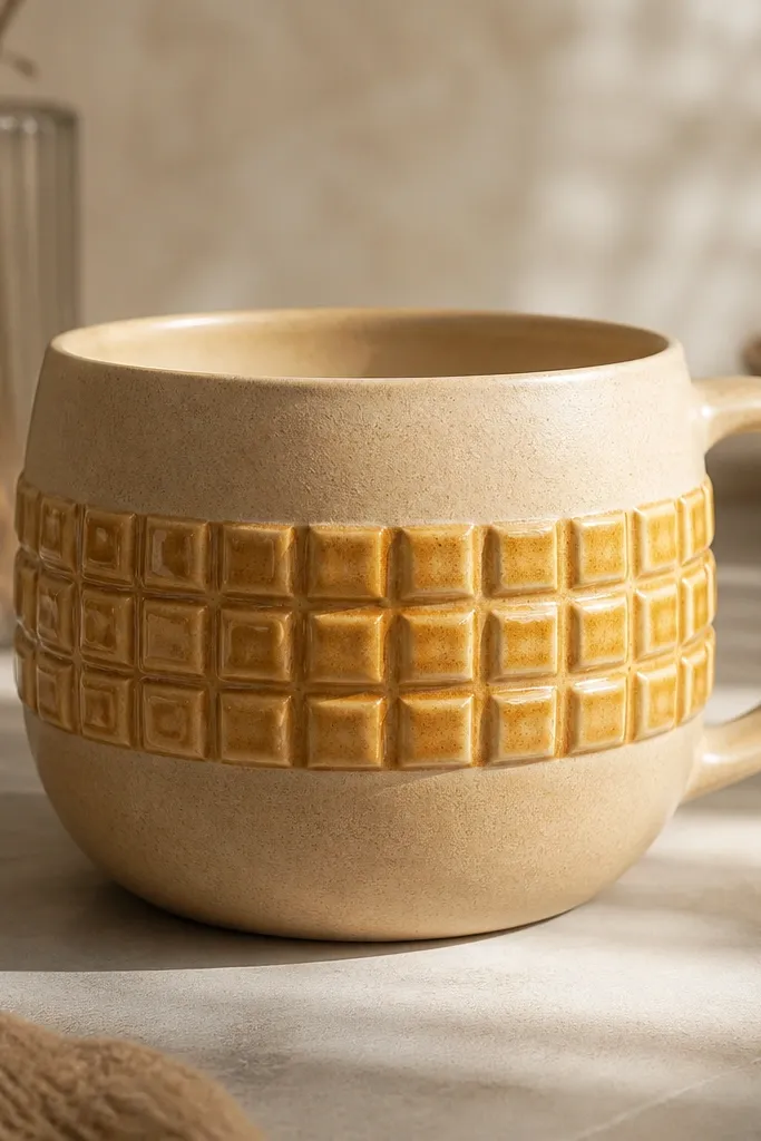A warm beige mug with a repeating waffle texture band around the middle. The waffle squares are raised and feel tactile. The band is glazed in glossy honey-gold, while the rest is satin.