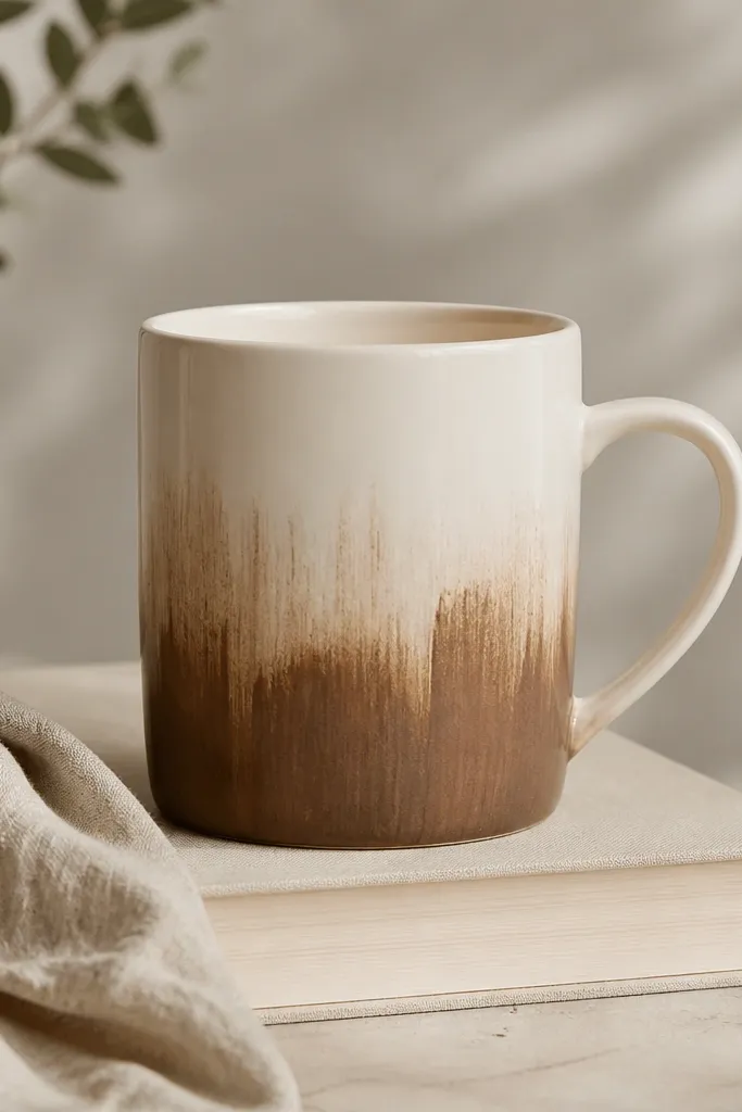A cream mug with a vertical ombre effect. The lower half fades into cocoa brown, and the brushstrokes are visible, like loaded paint marks. The rim stays cream and the handle is plain.
