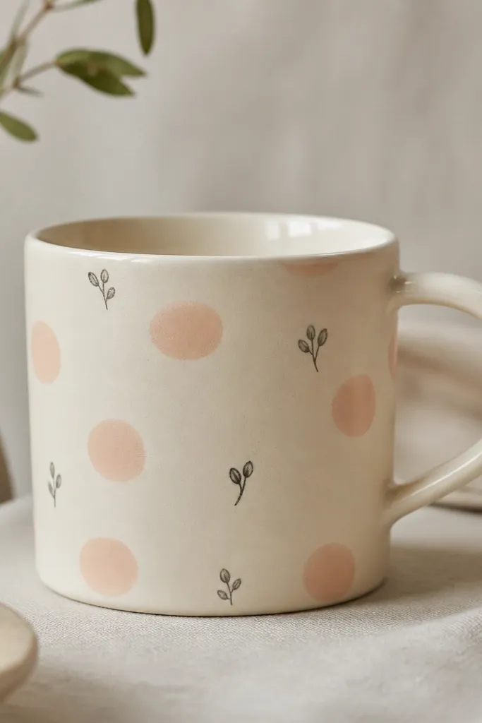 A pale cream mug with scattered peach blush dots across the front. Between some dots are tiny black stems and micro leaves that look like a minimal flower pattern. The dots have a soft matte finish while the rim is glossy.