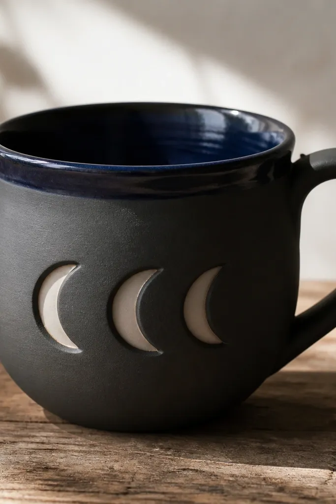 A dark gray mug with a midnight blue glossy rim. The front has three crescent moon cutouts pressed into the clay, showing lighter interior clay or lighter glaze behind. The handle is dark and the crescent shapes cast strong shadows.