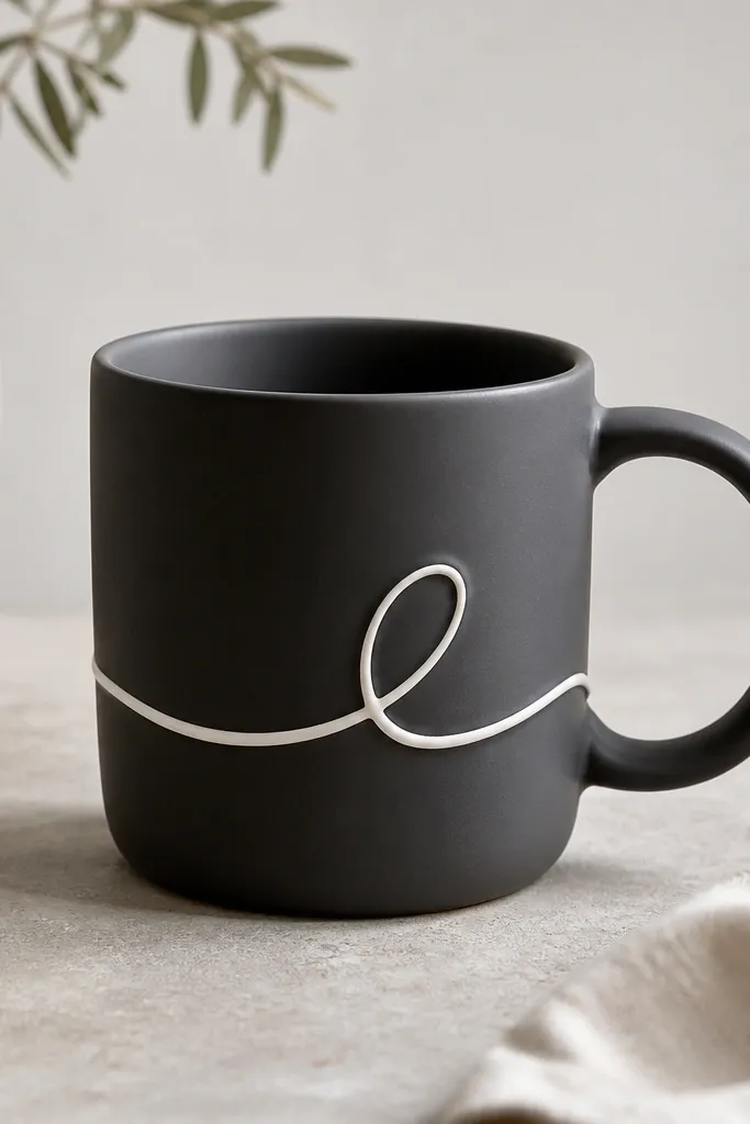 A dark charcoal mug with a matte body. On the front there is a looping white slip calligraphy line that wraps like handwriting but stays smooth. The line has a slightly raised look, and the background remains dark and clean.