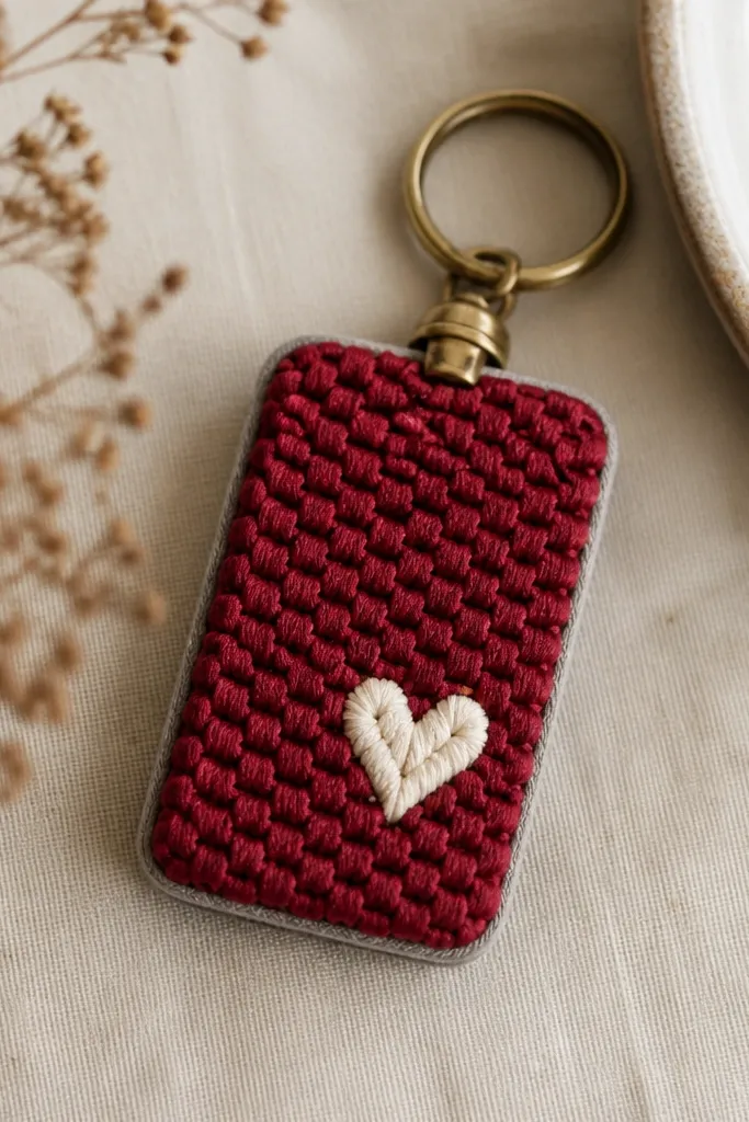 A rectangular key fob made from cranberry-red braided cord with a small off-center heart stitch in cream thread on the front. A soft gray fabric backing peeks at the edges, and a brass keyring clips at the top.