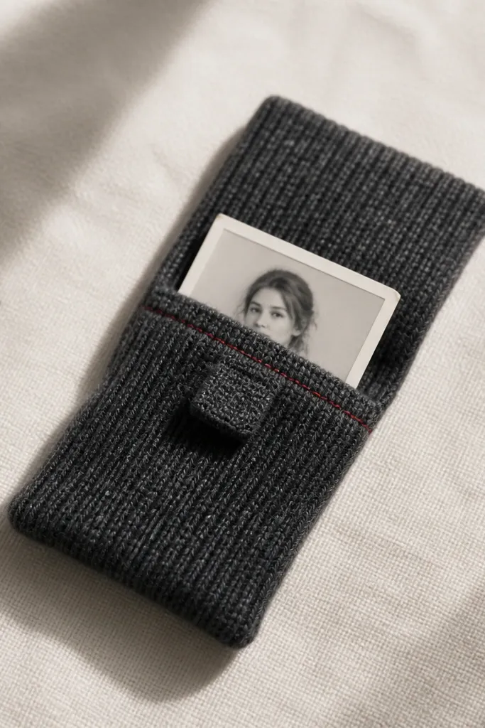 A small photo sleeve made from a ribbed sweater cuff in heather charcoal, with a stitched pocket holding a mini photo card. A thin red thread line runs along the seam, and the sleeve folds closed with a tiny fabric tab.