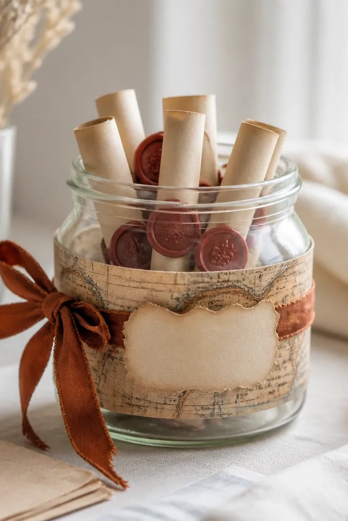 A small clear mason jar wrapped with a strip of vintage map paper, tied with a rust-colored ribbon. Inside are rolled notes with a red wax-seal look circle on each one, and a simple paper label sits on the front.